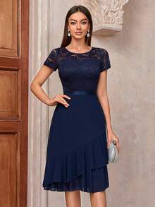 MIUSOL Contrast Floral Lace Chiffon Insert Ruffle Trim Cocktail Party A-Line Dress - Navy Blue - View 3