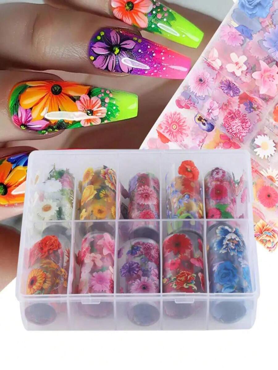 10件/盒混合风格夏季花朵美甲星空纸质指甲贴纸3d指甲贴纸花朵彩色玫瑰图案夏季春季铝箔贴纸 - 彩色 - 查看 1