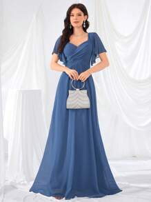 荷叶边袖后背甜心领纯色薄纱连衣裙，伴娘服，新娘服，生日女士服装，毕业礼服，正式礼服