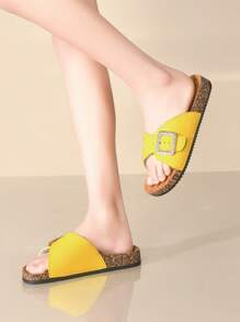 Thick Sole Women's Casual Leather Strap Open Toe Sandals, Retro Summer Slippers - Yellow - View 4