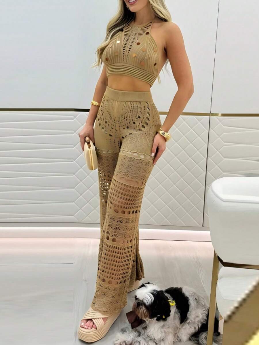 ChicMe 2pcs Set: Backless Sleeveless Cropped Top And Casual Hollow Out Loose Wide Leg Pants Elegant - Brown - View 1