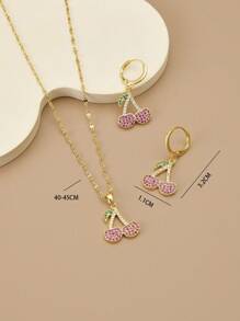 3件套紫色樱桃全水钻不锈钢可爱甜美项链和耳环套装女士 - 金黃色 - 查看 4