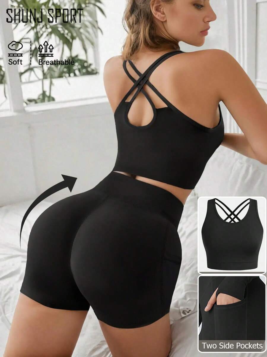 Spring Summer Women Yoga Outfit, Backless Criss-Cross Racerback Yoga Top And Tight Fit Slim Yoga Shorts Set - Black - View 1