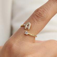 1 件简约方晶锆石泡泡 26 英文字母开口戒指，情人节、母亲节、妈妈、母亲、母亲节、礼物 - 金色 - 查看 4