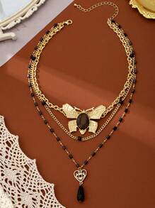 1pc Gothic Style Unique Exaggerated Gold Plated Butterfly Heart Design Faux Cat Eye Rhinestone Pendant Multilayer Black Beaded Short Necklace, Unisex Daily/Party/Holiday Wear Jewelry Accessory Gift