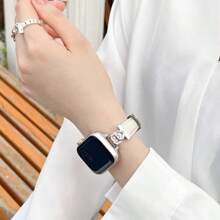 1pc Women's Double Heart Buckle Rhinestone Leather Watch Band, Suitable For 38/40/41/44/45/49/42/46mm S11/SE3/Ultra3/Ultra/SE/SE2/10/9/8/7/6/5/4/3/2/1 - White - View 4