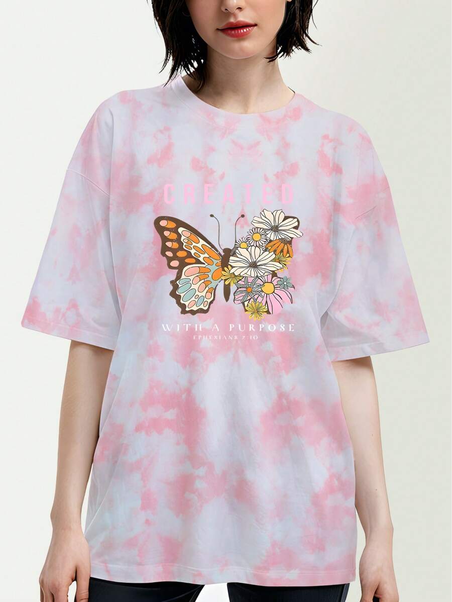 扎染创意卡通字母印花圆领短袖T恤女夏季 - 粉色 - 查看 1