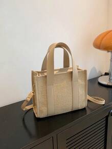 Spring & Summer New Straw Handbag For Women, Multi-Material Patchwork Shoulder & Crossbody Bag, Casual Outdoor Beach Tote, Versatile For Commuting - Khaki - View 8