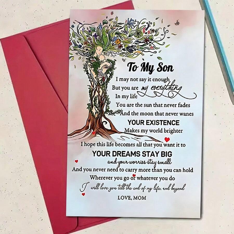1 张带信封的真挚儿子生日贺卡 - 励志树设计，适合所有年龄段的感伤信息，非常适合生日庆祝活动，12 厘米 X 17 厘米，生日礼物
