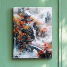 1pc Framed Canvas Wall Art Poster Printing Abstract Digital Realism A Chinese Landscape With A Bridge Wall Art For Living Room Bedroom Bathroom Kitchen Apartment Hotel, Artful Home Decoration - Framed, Vertical - Framed Canvas - View 2