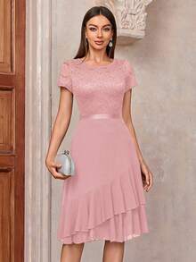 MIUSOL Contrast Floral Lace Chiffon Insert Ruffle Trim Cocktail Party A-Line Dress - Pink - View 1