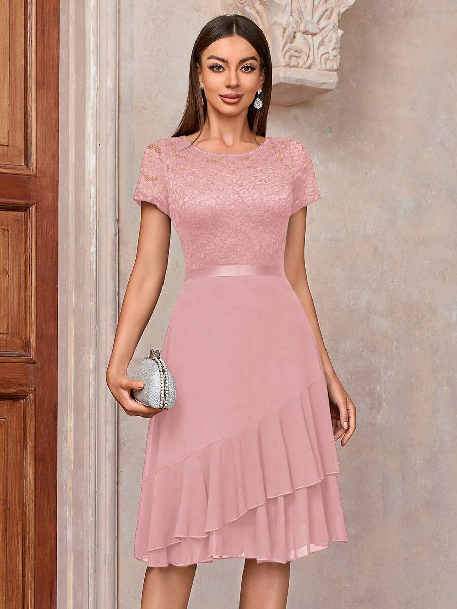 MIUSOL Contrast Floral Lace Chiffon Insert Ruffle Trim Cocktail Party A-Line Dress - Pink - View 1