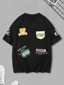 青少年男孩和女孩涂鸦设计宽松卡通口号图案夏季可爱百搭圆领 T 恤