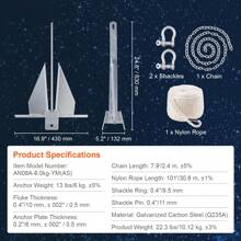 Fluke Style Anchor Kit, 8.5 LBS Or 13 LBS Hot-Dipped Galvanized Steel Fluke Anchor With 7.9' Chain, 75' Rope And Two 0.4" Shackles, Marine Boat Anchor For Small Vessels Under 18" Or 30", Seas, Rivers And Shores - 13 LBS-101" Rope - 查看 7