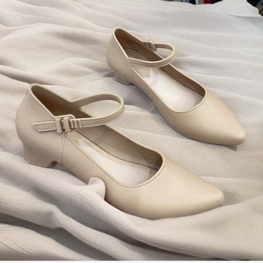 2025 New Spring Pointed-Toe Mid-Heel Slip-On Comfort Single Buckle Strap Dress Pumps - Apricot - View 1