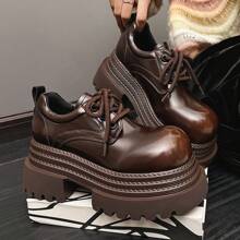 Comfortable Cute Loafers Vintage Round Toe Thick Sole Burnished Finish Brown Leather Shoes