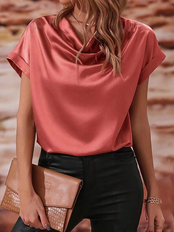 1pc Women's Draped Neck Solid Color Short Sleeve Top, Minimalist And Fashionable For Summer