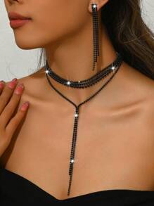 1 pièce Collier long en forme de Y luxueux avec strass + 1 paire de boucles d'oreilles à franges, ensemble de bijoux de mode convenant aux femmes, idéal pour le mariage, les fêtes et le port quotidien