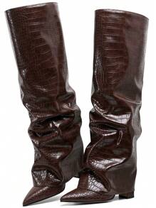 Shark Boots Women's Knee High Boots Fold Over Boots Slouchy Chunky High Heels Shoes Wide Calf Pointed Toe Shoes - 棕色石頭紋 - 查看 10