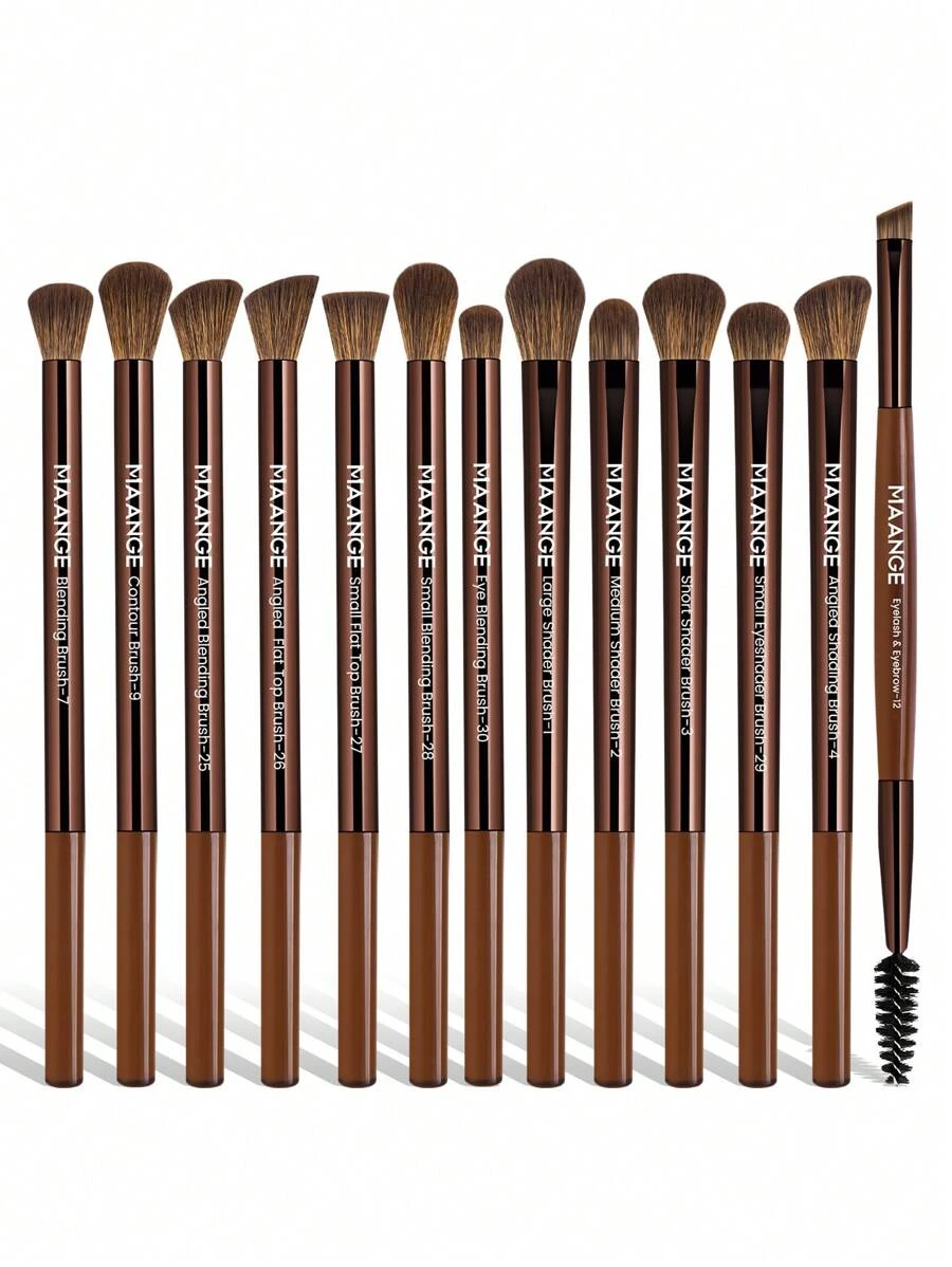 MAANGE 13pcs Pro Eye Makeup Brushes Set For Eyeshadow Concealer Highlight Cosmetics Blending Liquid Cream Products Beauty Tool Brush For Travel, Makeup Reapply Of Party - Coffee Brown - View 1