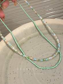 1 Set Mint Green Beaded Layered Necklace, Summer Collarbone Chain Beach Accessory - Multicolor - View 6