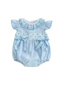 Baby Girls Plaid Bow Embroidery Romper - Ruffled Sleeveless Jumpsuit For Infants - Blue - View 2