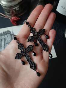 1 对欧美复古哥特式纹理和水滴玻璃水晶吊坠耳环，适合女士日常佩戴 - 黑色 - 查看 11