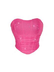 Áo nữ lưới thoáng khí sequin mùa hè lau ngực gợi cảm nóng bỏng - Màu Hồng Tươi - Xem 1