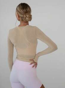 Women Y2k Long Sleeve Workout Tops Cross Wrap Tie Tops Sexy Deep V Neck Bandage Surplice Wrap Crop Top Solid Color Casual Slim Fit T-Shirts Fitness Gym Yoga Athletic Blouses Tops Sportswear Dance Ballet Dancewear - 棕色 - 查看 5