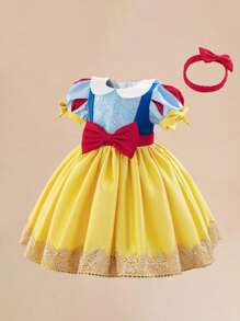 女婴黄色泡泡袖公主蓬蓬裙，适合派对穿着 - 黃色 - 查看 2