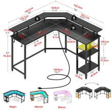 Muebles Escritorios Metalico Oficina Con Enchufe Y Gancho,Computer Corner Desk with Monitor Shelf for Home Office Study Writing Workstation,Corner Gaming Computer Desk with Led Lights, Monitor Shelf and Printer Storage Shelves - Marrón - Ver 3