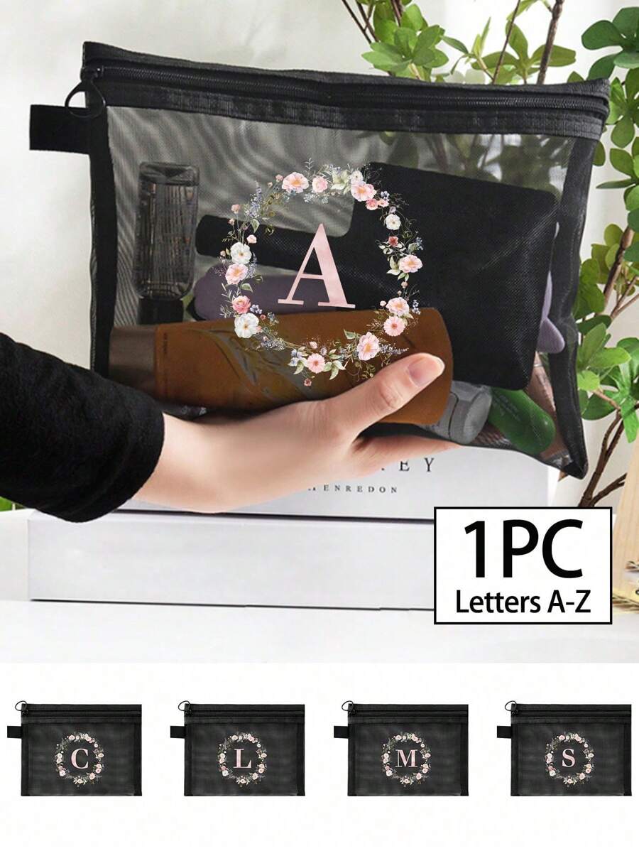 1PC 黑色网袋 花环粉色首字母A-Z印花透明网眼化妆品收纳袋 多功能旅行便携包 护肤品收纳 洗漱化妆包 学生文具包 网眼拉链包 旅行化妆品包装收纳包 简约高端 珠宝收纳 适用于住宿 旅游 商务 游泳 家居收纳 - 黑色 - 查看 1