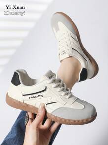 女士户外休闲运动鞋，金属扣装饰，人造革，系带，舒适时尚，2024年秋季新款 - 黑色 - 查看 12