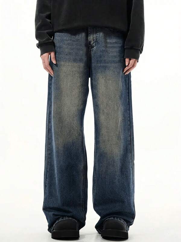 1pc Men's Blue Straight Leg Retro Denim Jeans