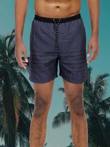 Mens Striped Board Shorts Swim Trunks Mesh Lining - Black - View 2