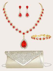 4件套女士水钻项链金属链手拿包套装，女士水钻晚宴手拿包，新娘婚礼项链手链吊坠钱包，适合派对、婚礼、舞会、正式场合，可搭配婚纱、礼服、舞会礼服、生日礼服、派对礼服 - 金紅色 - 查看 1
