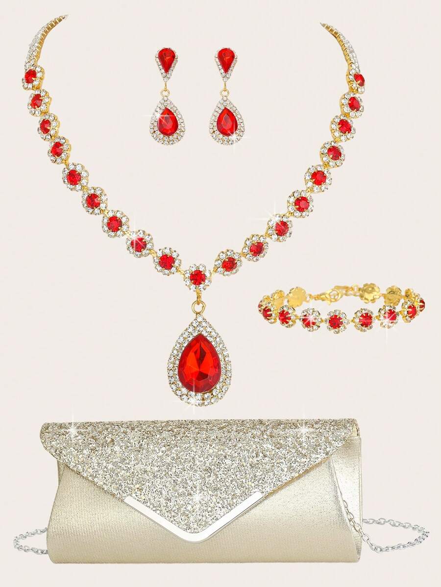 4件套女士水钻项链金属链手拿包套装，女士水钻晚宴手拿包，新娘婚礼项链手链吊坠钱包，适合派对、婚礼、舞会、正式场合，可搭配婚纱、礼服、舞会礼服、生日礼服、派对礼服 - 金紅色 - 查看 1