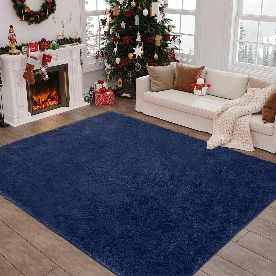 Area Shag Rug For Living Room Bedroom Nursery Room, Machine Washable Fluffy Shaggy Runner Rugs With Rubber Backing For Kitchen Dining Room, Indoor Aesthetic Decor Fuzzy Thick Modern Carpet For Entryway Laundry Room Game Room - Màu xanh hải quân - Xem 1