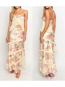 Women's 2 Piece Skirt Sets Off Shoulder Split Front Strapless Crop Tube Top Bodycon Maxi Skirt Summer Floral Outfits - Bụi hồng - Xem 7