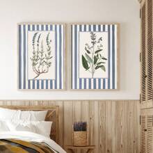 2pcs Floral Art Prints, Grandmother-Style Nancy Meyers Inspired Botanical Prints, Striped Backing, Blue-Green And Pink Striped Pattern, Frameless - Multicolor - View 2