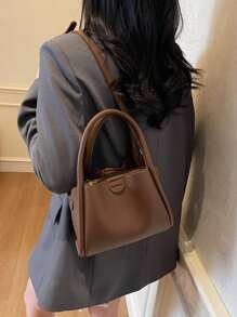 2pcs Women's Plain Color Handbag Set - Tote Bag And Crossbody Bag - Coffee - View 5