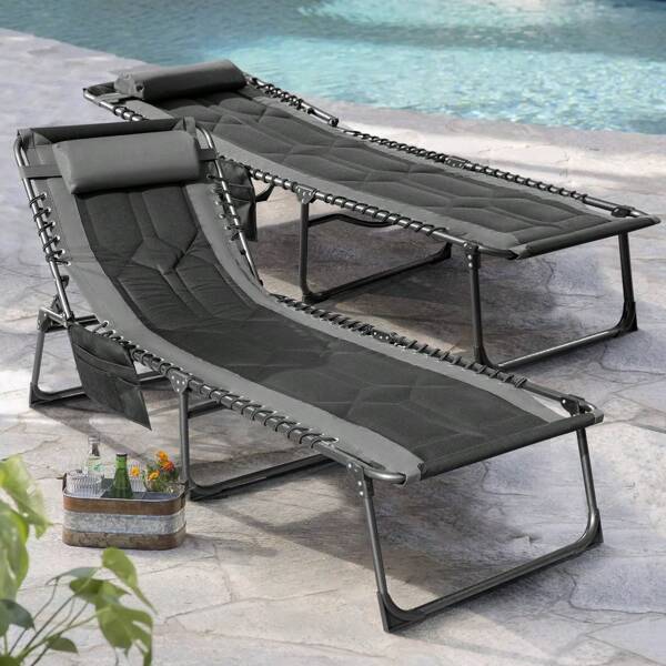 Patio Lounge Chairs  Cushioned Folding Adjustable Chaise Chair With Side Bag