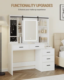 Hzuaneri Dressing Table With Adjustable LED Lights, Removable Large Mirror, With Jewellery Storage, Open Shelves, 5 Drawers, With Beside Table, For Bedroom, White - White - View 3