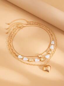 3 pièces/set Collier asymétrique avec perles vintage, collier pendentif élégant minimaliste en forme de cœur géométrique pour femmes, polyvalent pour les soirées et le porter casual