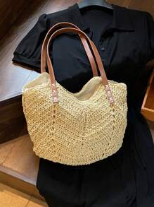 新款大容量手提包，编织草编设计，双手柄，女士沙滩包，适合通勤、日常购物、旅行、海滩，优雅轻便休闲便携，适合青少年、大学女生，非常适合大学、户外、旅行、度假