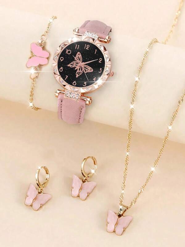 5pcs/Set Casual Fashionable Pink Butterfly Shell Design Children's Quartz Watch With Butterfly Bracelet, Necklace And Earring Set, Best Gift Choice