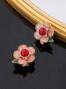 1 Pair Copper Alloy Vintage Gold Plated 5-Petal Flower Earrings And 1 Pair 5-Petal Flower Rings, Embedded With Red Silk, Suitable For Daily Wear, Parties, Special Occasions, Gift For Friends, Holiday, European And American Retro Style - Multicolor - View 6