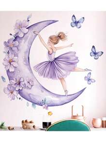 1 件优雅月亮舞动女孩花蝴蝶墙贴，自粘艺术贴花适用于卧室、儿童房装饰 - 彩色 - 查看 3
