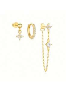 3Pcs Four-Leaf Flower Tassel 925 Sterling Silver Earring For Women Vintage Drop Earring Eternity Wedding Party Bridal Jewelry Fine Jewelry - Gold - View 4