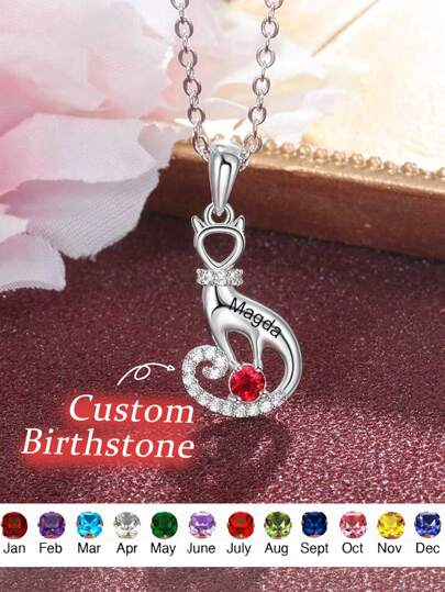 Schmuck Halskette aus S925 Sterling Silber mit Diamant Anhänger in Katzen Design, Anpassbarer Name und Geburtsstein, DIY Valentinstags- / Geburtstagsgeschenk